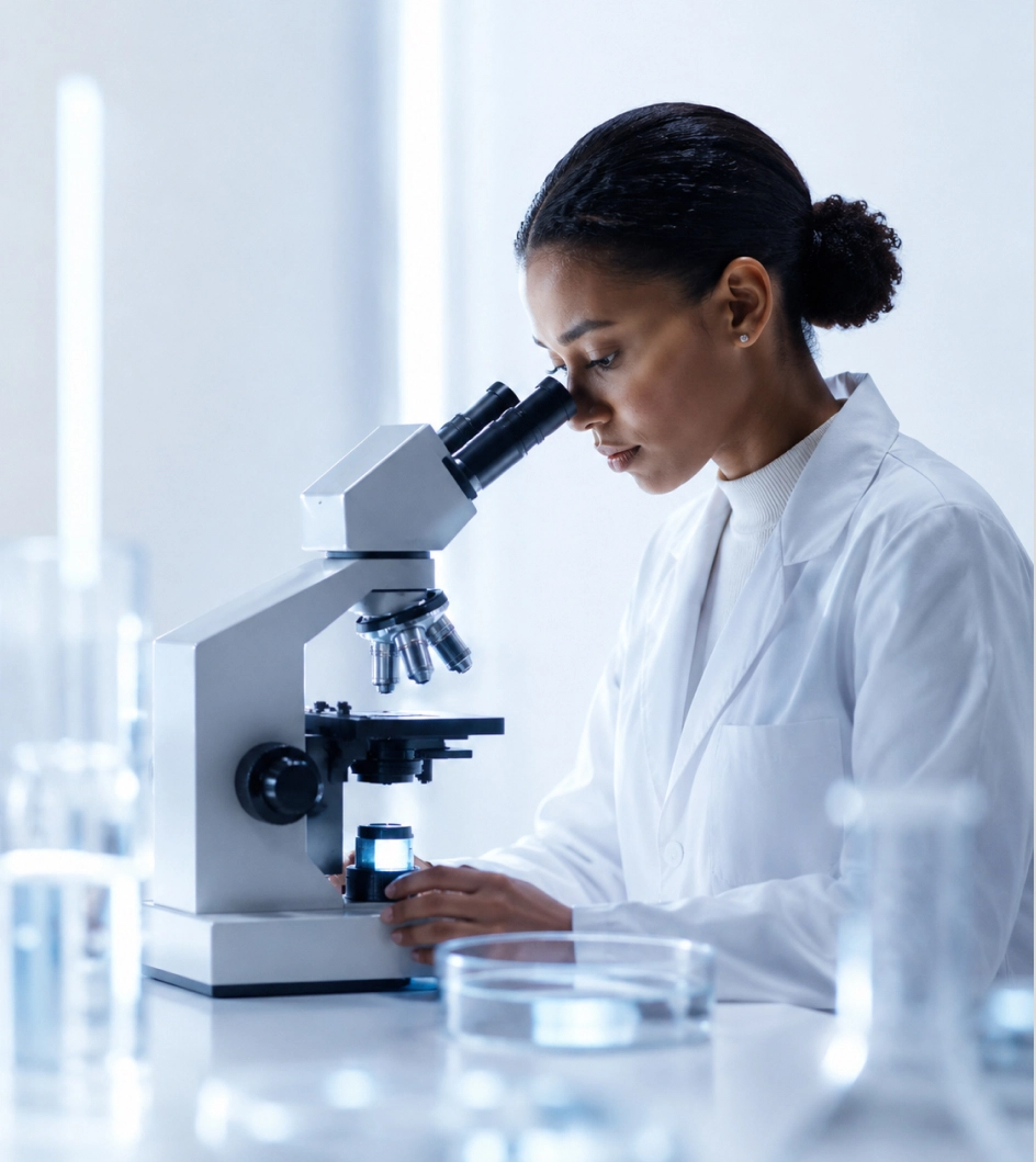 CCRT research specialist at a microscope