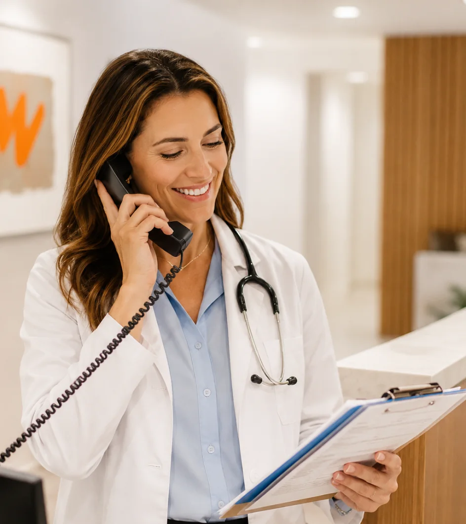 Medicio physician speaking by phone in a clinic
