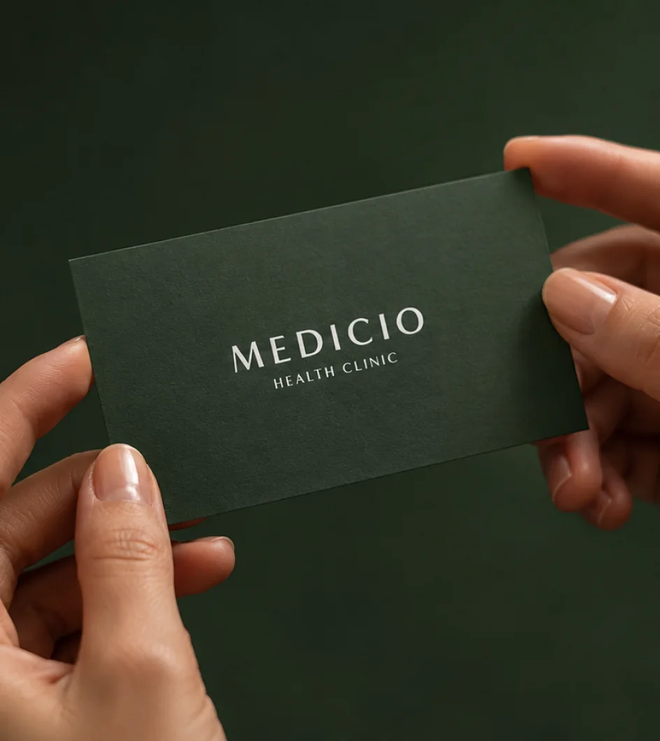 Hands presenting a dark green Medicio business card