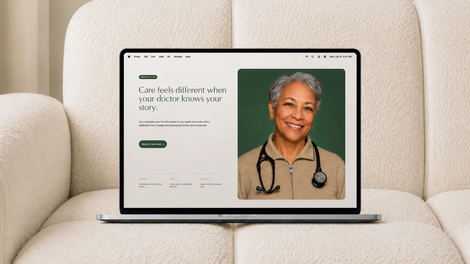Medicio website shown on a laptop in a lounge