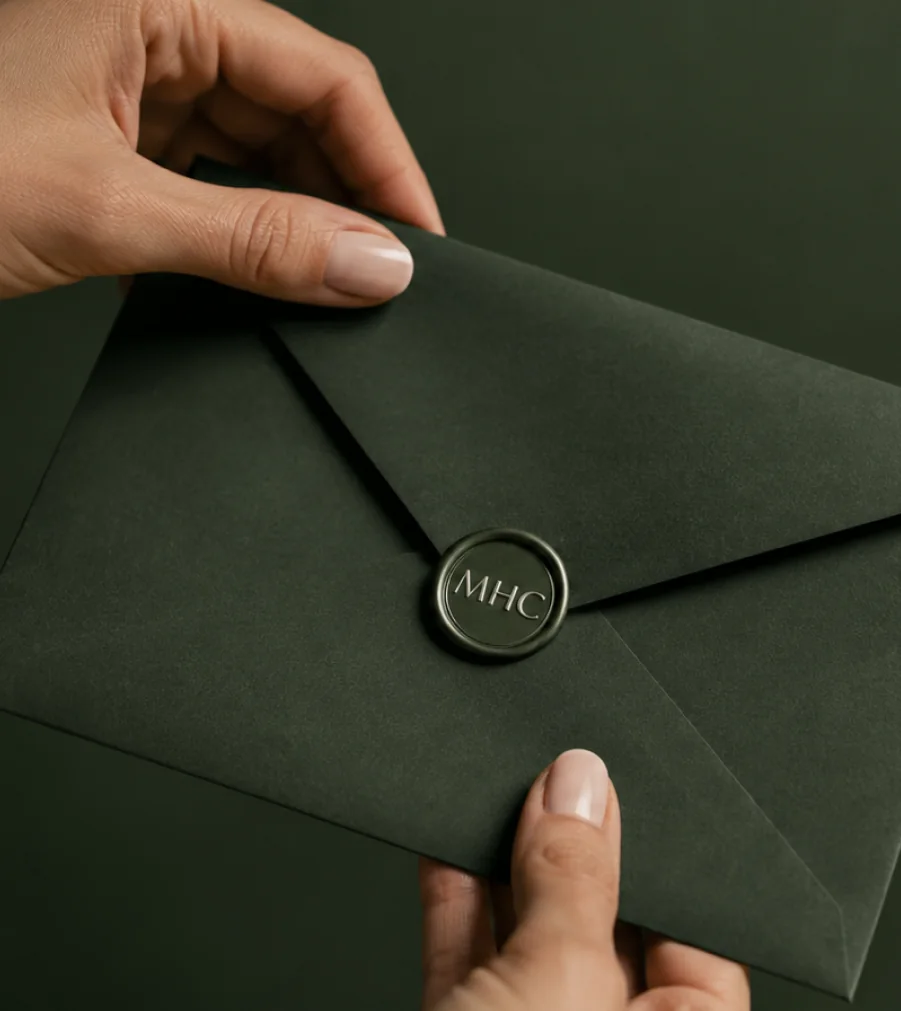 Dark green Medicio stationery with a metal seal