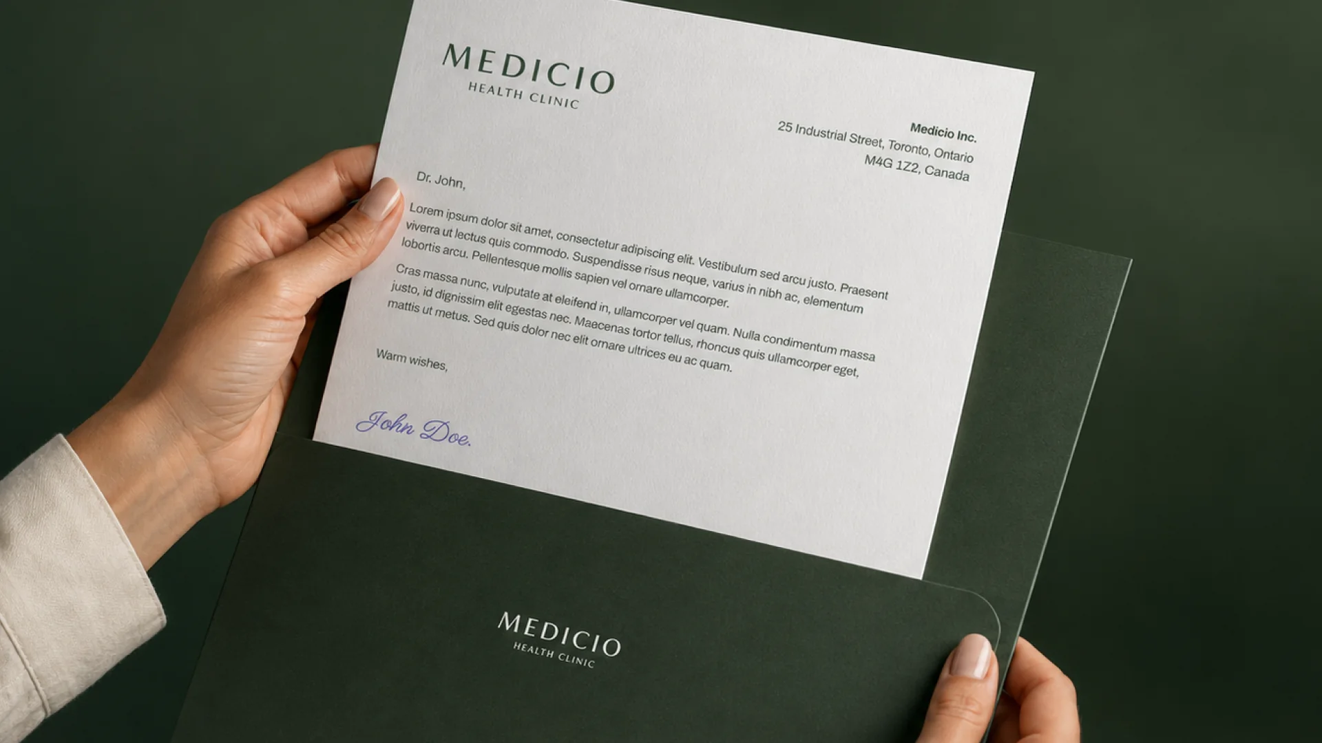 Medicio branded clinical letter and green stationery