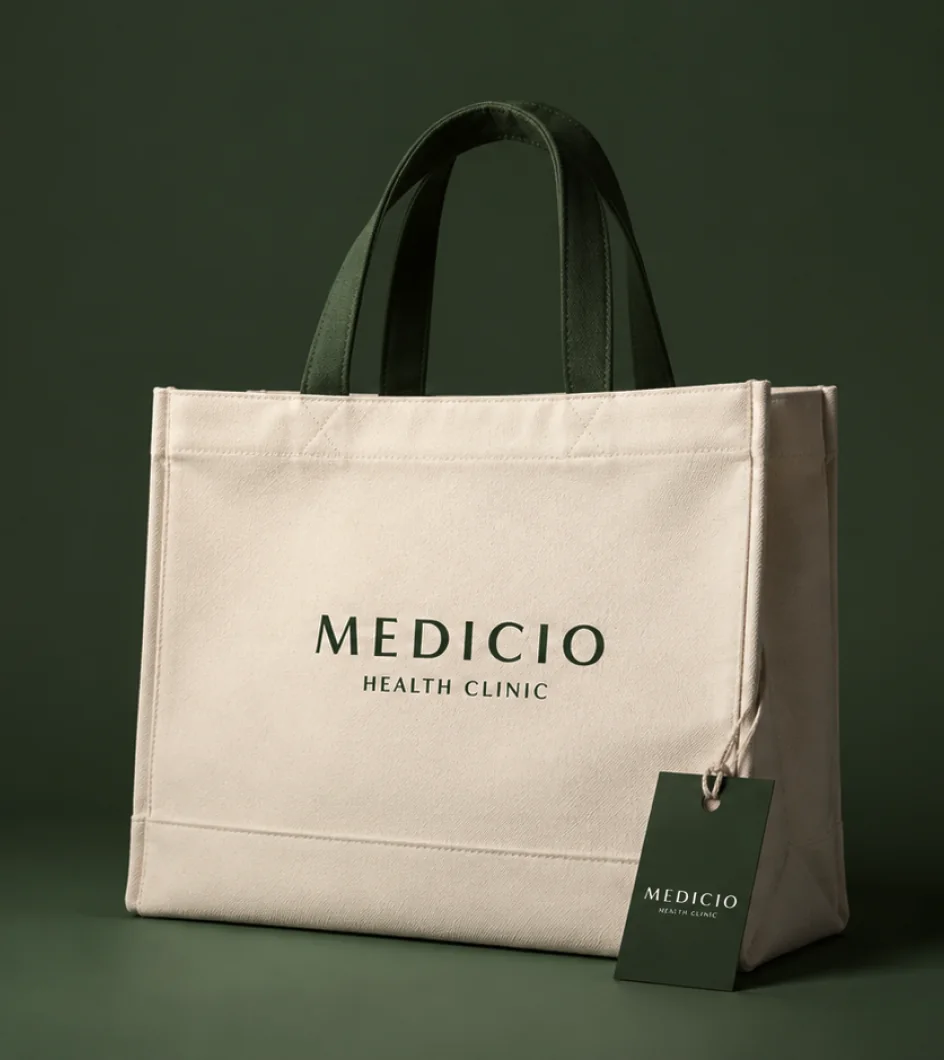 Medicio Health Clinic tote bag and printed card