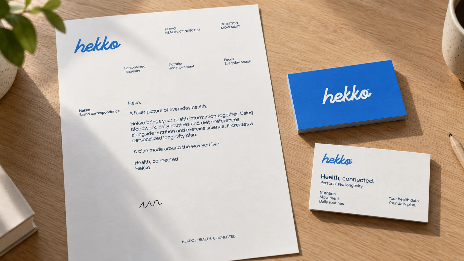 Hekko phone and watch interface concepts on a bedside table