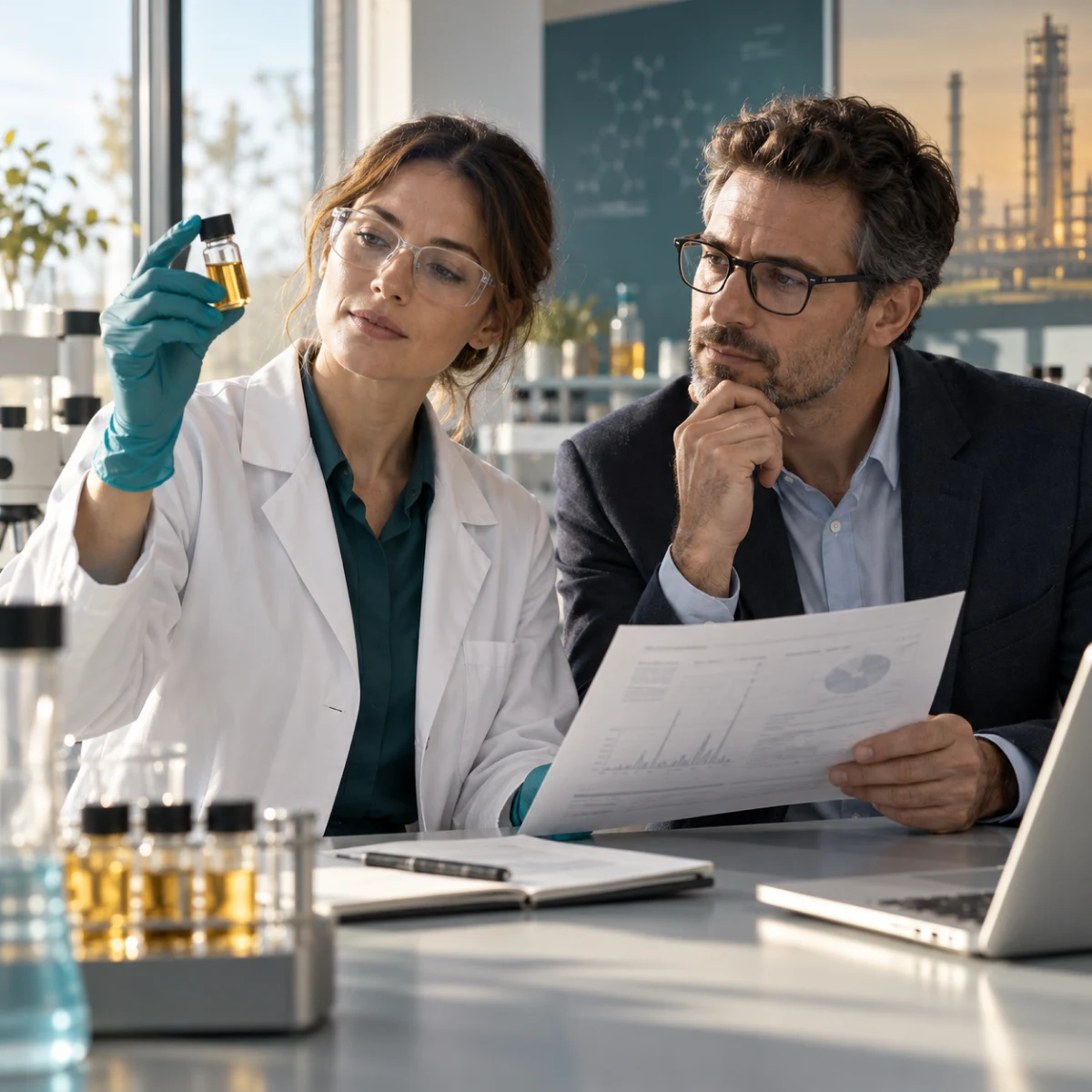 An illustrative health & science b2b scene in the industry color palette.