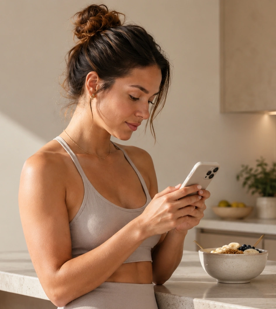 Woman looking at her phone in a sunlit kitchen