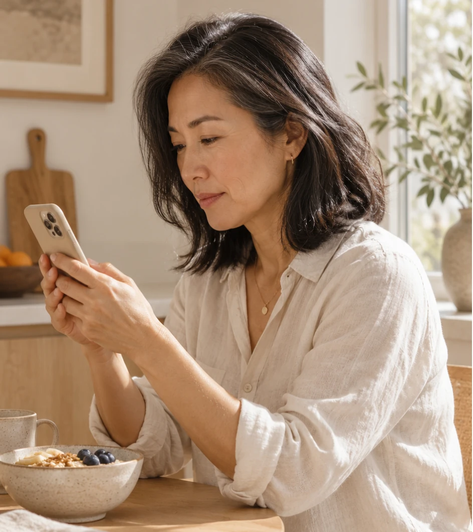 Woman checking Hekko on her phone at breakfast