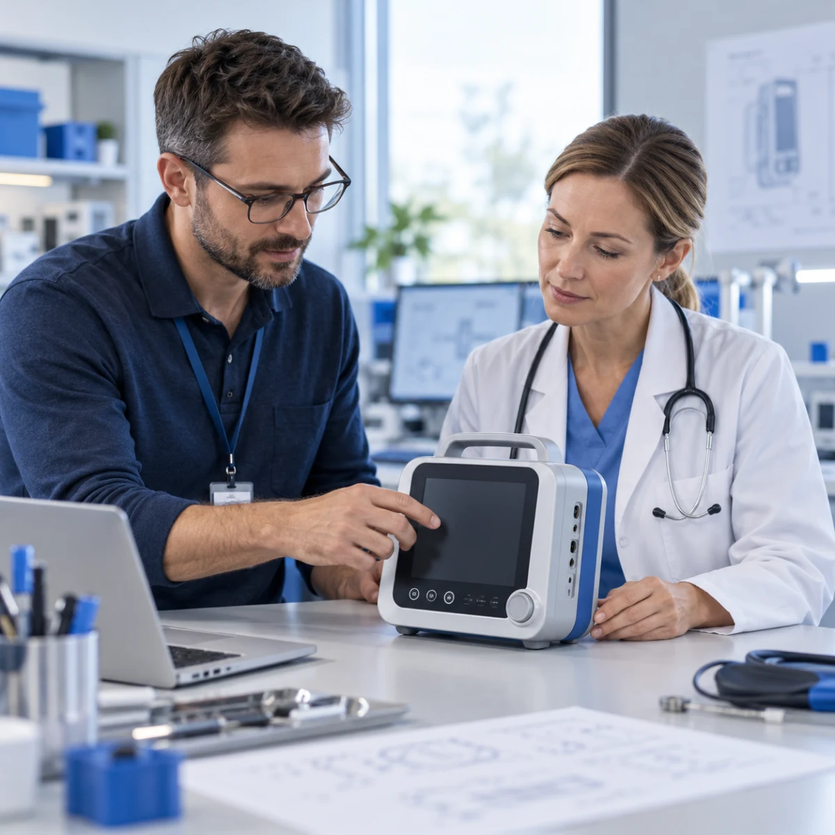 An illustrative medical devices scene in the industry color palette.