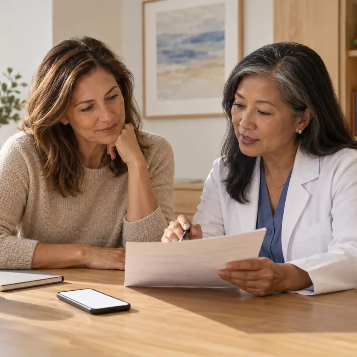 A physician and patient discuss care in a calm private practice.