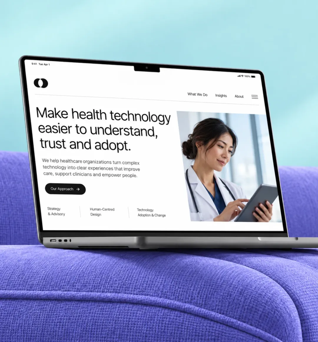 A product website displayed on a laptop against a health tech & digital health themed interior.