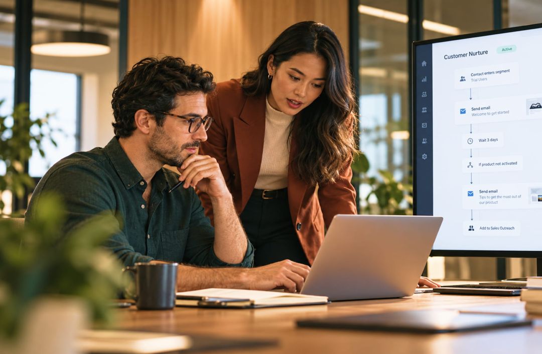 Strategists review a customer nurture plan together.