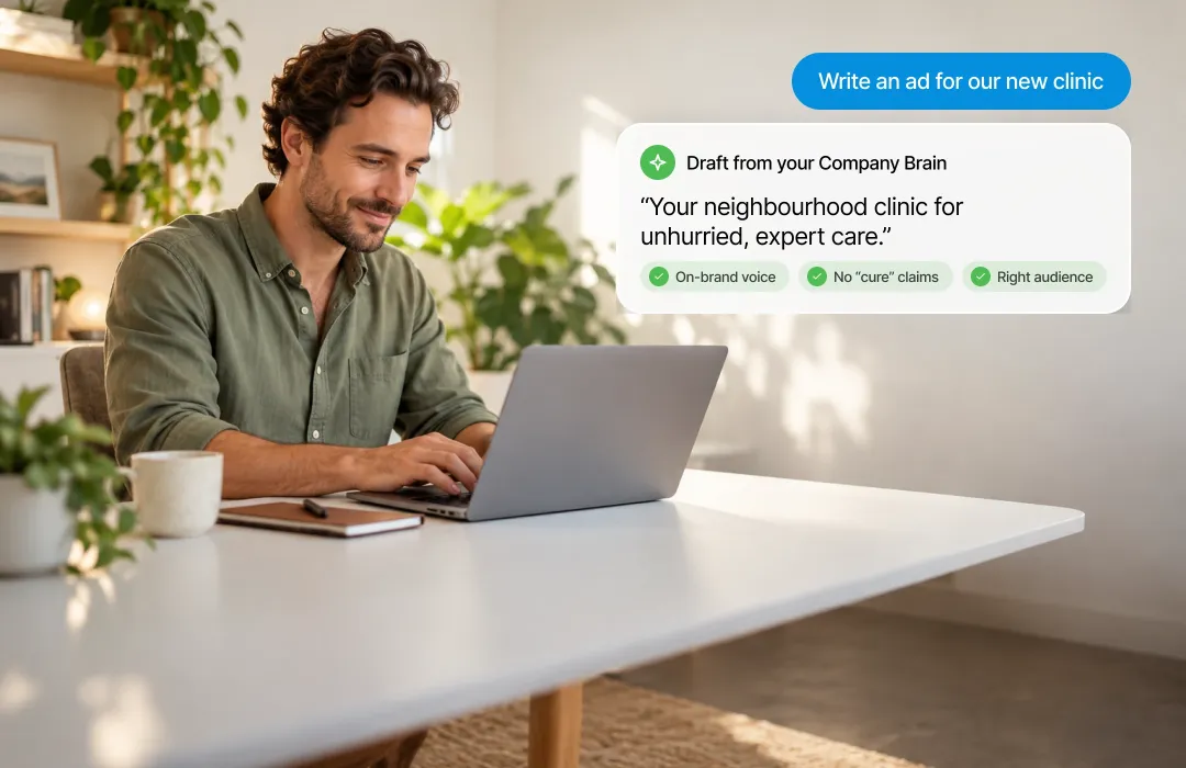 Company Brain writes an on-brand draft for a clinic