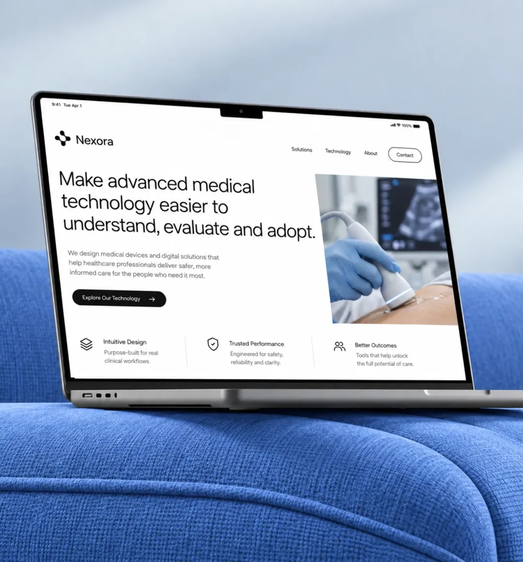 A product website displayed on a laptop against a medical devices themed interior.